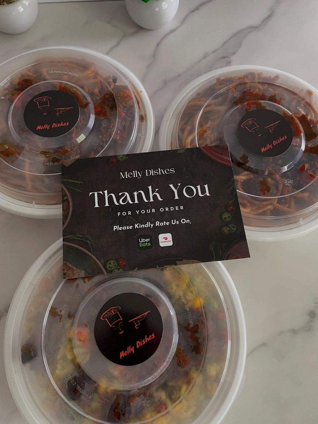Melly Dishes thank you card with a sealed order